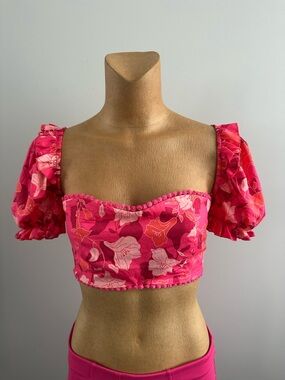 Pink Floral Puff-Sleeve Crop Top